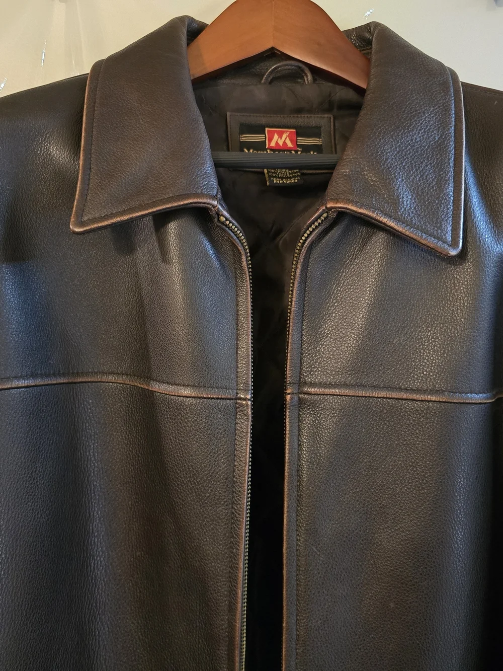 Member's Mark Vintage Brown 100% Genuine Leather Quilted Bomber Jacket Men's XL